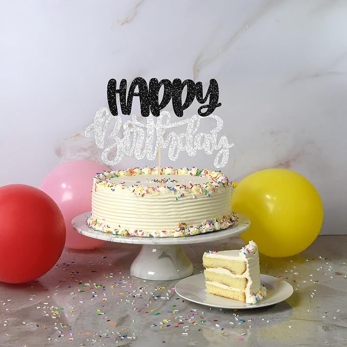 Gyufise 1Pcs Happy Birthday Cake Topper Glitter Happy Birthday Cake Pick for Celebrating Wedding Anniversary Theme Party Cake Decorations Supplies Black Silver