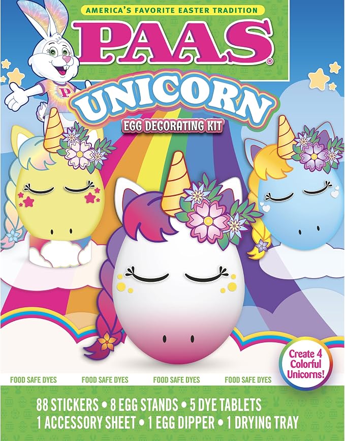 PAAS Unicorn Egg Decorating Kit – Create Magical Unicorn Eggs with 5 Dye Tablets, 88 Stickers, and 1 Accessory Sheet
