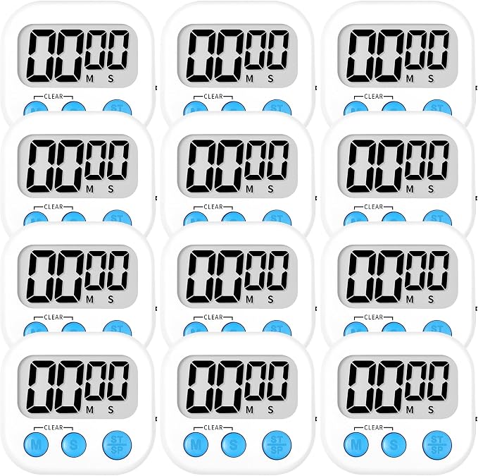 ZILLEEN Kitchen Timer Digital with Magnetic Back for Kids Classroom, White 12 Pack