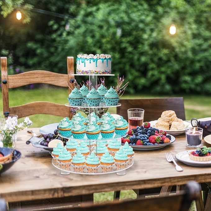 YestBuy 4 Tier Round Acrylic Cupcake Stand with Base, Premium Cupcake Holder, Acrylic Cupcake Tower Display Cady Bar Party Décor – Display for Pastry (4" Between 2 Layers with Base)