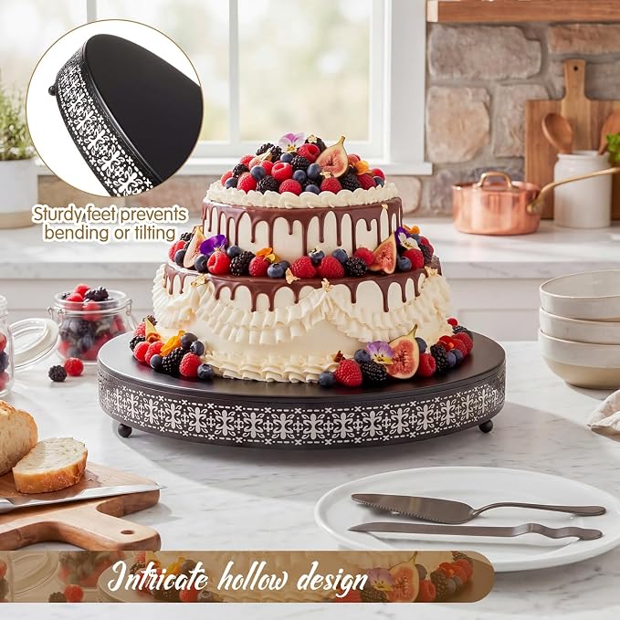 Wenqik Black Cake Stand 18 Inch Metal Round Cupcake Dessert Wedding Cake Stand with Cutting & Spatula Cookies Display Holder Fruit Serving Tray for Table Wedding Birthday Anniversary Party