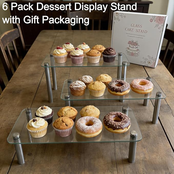 6 Pack Tempered Glass Display Stands Set, 13 Inch Rectangular Cake Cupcake Stand Dessert Display Riser Serving Platter Plate for Decoration Table Party Wedding Baby Shower