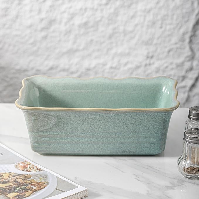 HVH Ceramic Loaf Pan for Baking Bread, Rectangular Baking Bread Loaf Pan, 9 x 5 inch Bread Pan, Bread Baking Pan for Cooking, Wave Series, Farmhouse Style (Turquoise)