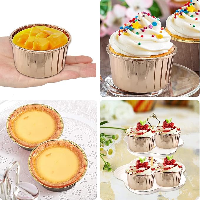 5oz Baking Cups with Lids 50 Pack,LNYZQUS Foil Cupcake Liners Muffin Tins,Disposable Ramekins Pans Muffin Cups Jumbo Cupcake Wrappers Holders for Wedding Party-Champagne
