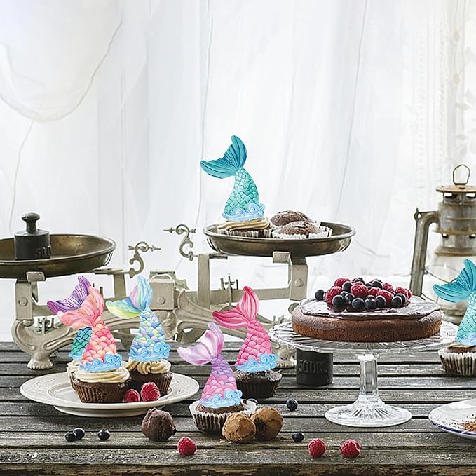 48Pcs Edible Mermaid Tail Cupcake Toppers Wafer Paper Mermaid theme Birthday Party Baby Showers Party Decoration