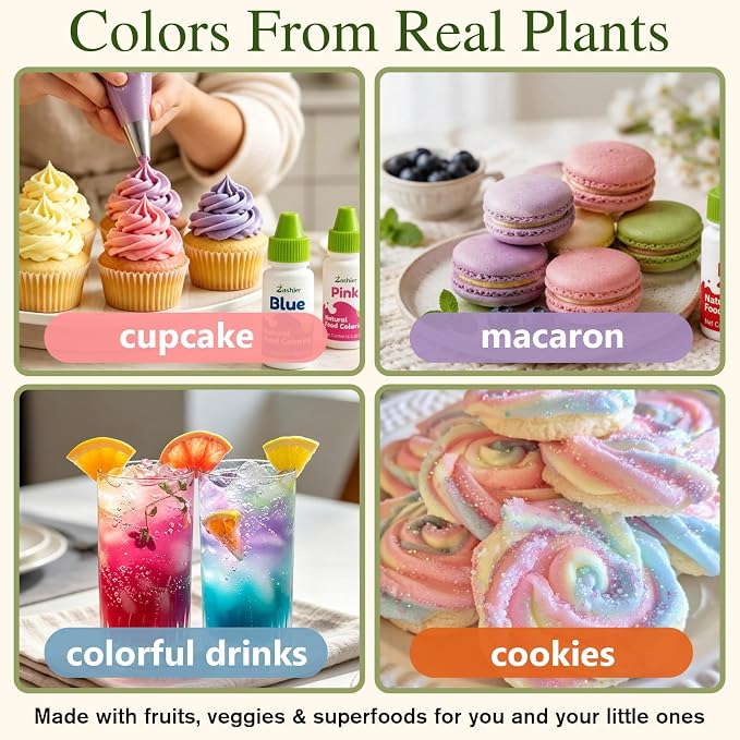 Natural Food Coloring - 8 Colors Dye Free Food Coloring, Free from FD&C Dyes & Artificial Colors, Gluten Free, Concentrated Formula for Baking, Frosting, Icing, Cookies, Drinks, Easter Eggs & Holiday Treats (0.25 fl oz Each)
