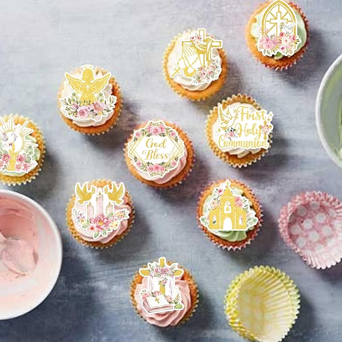 60 PCS Edible God Bless Cupcake Toppers Dove Cross Baptism Cupcake Picks Edible Floral First Holy Communion Cake Decorations for Gold Bless Baptism Theme Baby Shower Birthday Party Supplies Pink