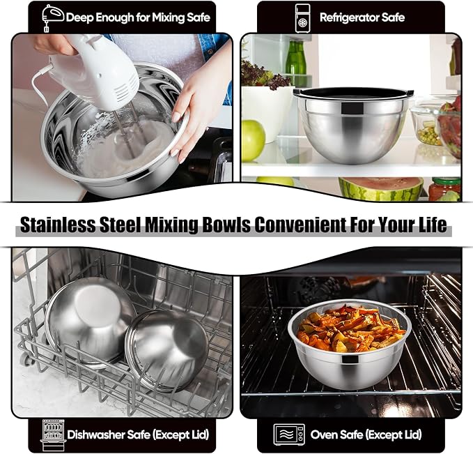 P&P CHEF Mixing Bowls with Airtight Lids Set of 5, 10-Piece Stainless Steel Mixing Nesting Bowl, Metal Bowl with Lid for Kitchen Prepping & Storing, Size 4.6, 3, 1.5, 1, 0.7 QT, Black