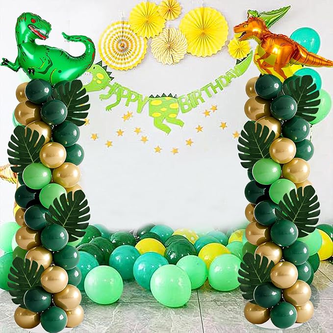 2 Sets Dinosaur Balloon Column Stand Kits Adjustable Green Gold Balloons Column Kit with Monstera Jungle Dinosaur Themed Tower Stand Kit for Dinosaurs Birthday Kids Baby Shower Party Supplies