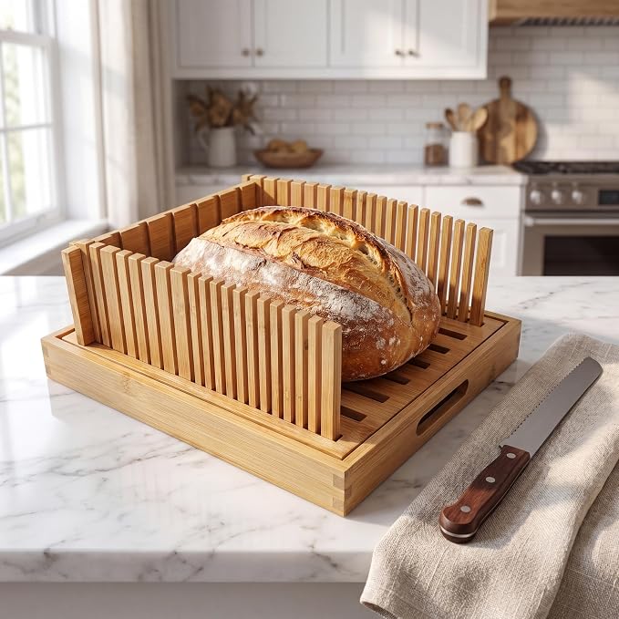 Foldable Bamboo Bread Slicer Adjustable Guide with Crumb Tray for Sourdough | Adjustable Slicing Guide Built-In Crumb Tray Natural Bamboo Board Better Slices, Less Mess Compact for Easy Storage