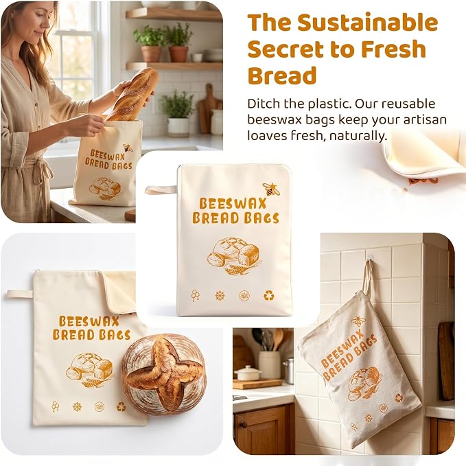 2 Pack Beeswax Bread Bags for Sourdough Homemade Bread,XL Reusable Organic Cotton Linen Bread Bag with Zipper Access, Homesteading Essentials Food Storage to Keep Fresh