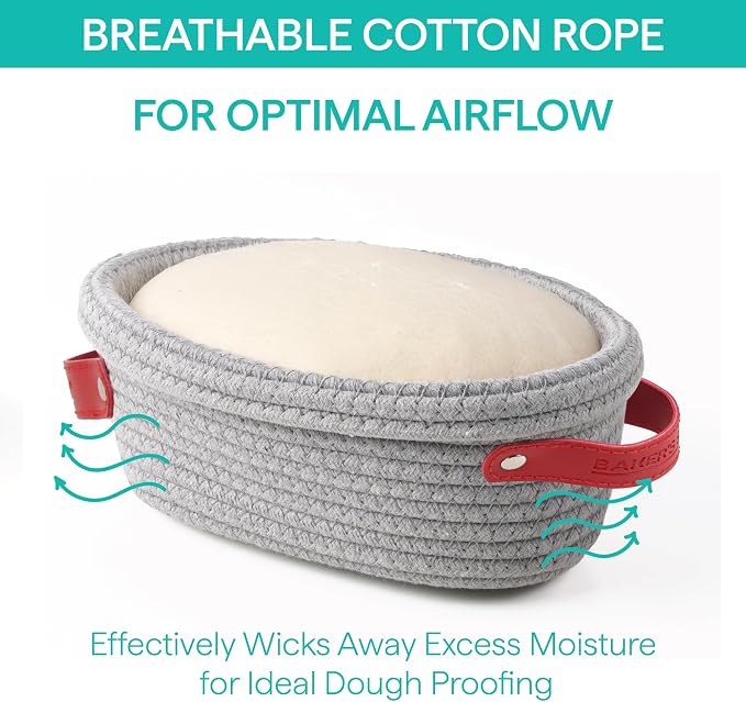 Baker's Secret Cotton Rope Banneton Bread Proofing Basket Set, 2 x Oval Bread Basket with Liners & Covers for Artisan Bread Baking, Sourdough Bread Baking Supplies