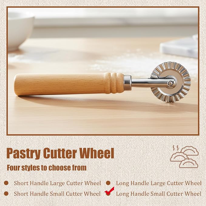 Long Handle Small Cutter Wheel - Exquisite Wooden Handle, Perfect for Pasta, Pizza, Ravioli, Cookie - Versatile Crinkle and Pastry Cutter for Effortless Slicing