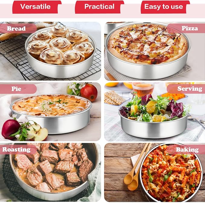P&P CHEF 8 Inch Cake Pan Set of 4, Stainless Steel Baking Round Cake Pans Tins Bakeware for Birthday Wedding, Leak-proof & Easy Clean, Mirror Finish & Easy Releasing