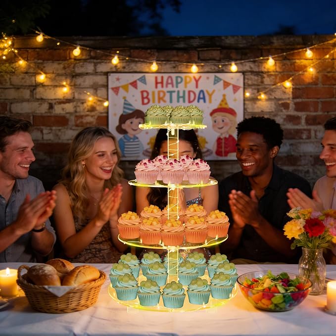 YestBuy 4 Tier Round Cupcake Stand, Cupcake Holder, 4 Tier Cupcake Tray, Acrylic Cake Tower Stand Display for Pastry + LED Light String, Ideal for Weddings, Birthday Parties (Yellow)