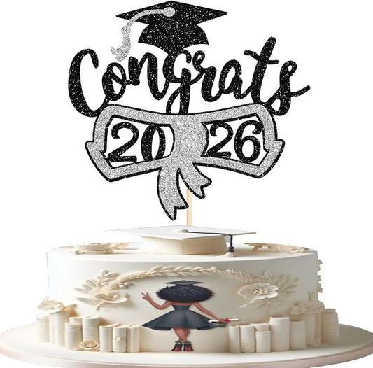 1 Pack Congrats 2026 Cake Topper Glitter Diploma Graduation Cap Cake Pick Contrats Class of 2026 Cake Decorations for 2026 Graduation Theme High School Boys Girls Graduate Party Silver