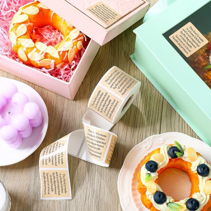 500 Count Cottage Food Law Labels Stickers Kraft Brown Home Made Stickers 1.5” Square Thermal Printed Labels for Home Kitchen Bakery Bread Sourdough
