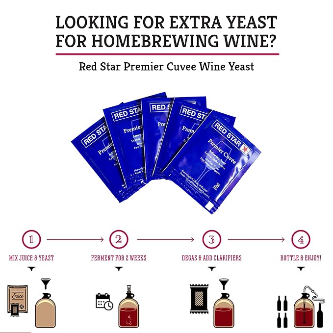 Craft A Brew - Red Star Premier Cuvee Wine Yeast - Fast, Clean, Neutral Dry Wine Yeast - For Reds, Whites & Sparkling Wines - Ingredients for Home Fermenting - Wine Making Supplies - 5 Pack