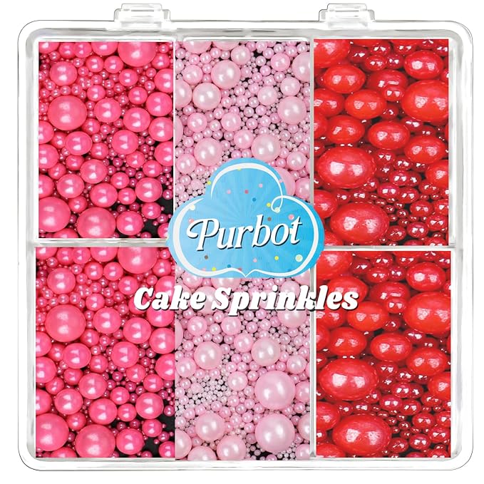 Pink and Red Pearl Sprinkles for Cake Decorating Edible, Valentines Sprinkles with 4 Sizes Sugar 130g/4.6oz, Cupcake, Ice Cream, Donuts, Macaron Toppings Supplies (2mm, 4mm, 7mm, 1cm)
