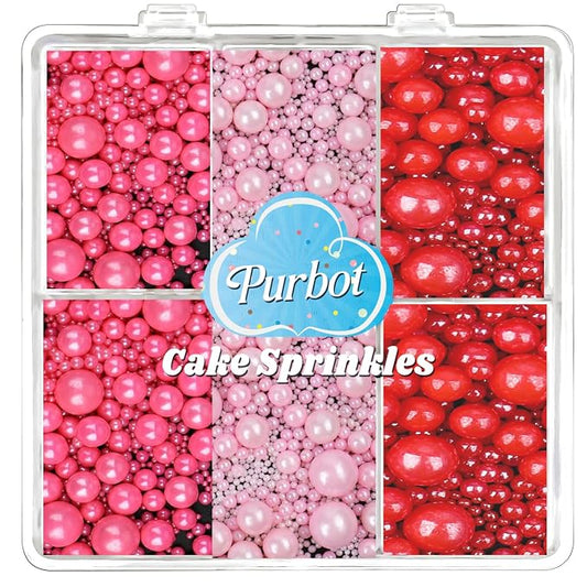 Pink and Red Pearl Sprinkles for Cake Decorating Edible, Valentines Sprinkles with 4 Sizes Sugar 130g/4.6oz, Cupcake, Ice Cream, Donuts, Macaron Toppings Supplies (2mm, 4mm, 7mm, 1cm)