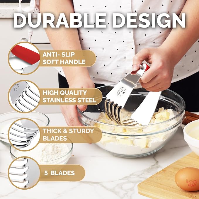 Zulay Kitchen Professional Dough Blender - Heavy Duty Stainless Steel Pastry Cutter with Blades for Baking - Premium Butter Cutter & Dough Mixer, Red