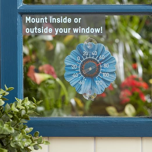 Taylor Daisy Dial Thermometer, 4-Inch Indoor Outdoor Silicone Suction Cup Thermometer, Weather-Resistant Temperature Gauge for Patio, Pool, Garden, or Garage, Blue