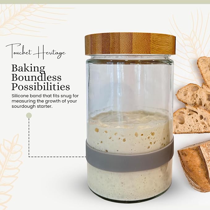 Sourdough Starter Jar (32oz) | Sourdough Starter Kit | Thick, Durable Glass w/Bamboo Lid | 6.5” x 4" | Wide Mouth Glass Jar for Sourdough with Wooden Spoon & Silicone Measuring Band