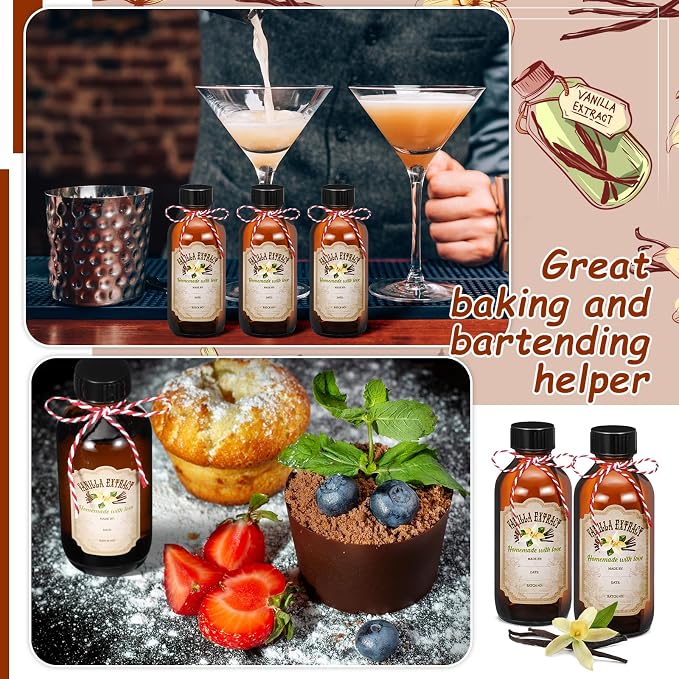 Uiifan 8 Pcs Vanilla Extract Bottles Boston Round with Caps Glass Bottle and 8 Pcs Vanilla Extract Labels Stickers for Syrup Gift Glass Food Storage Canister Set Sauce Beans(2 oz)