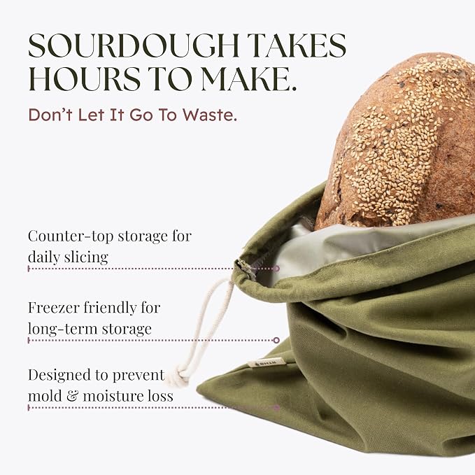 Sourdough Bread Bags for Homemade Bread, 2 Pack, Reusable Cotton Linen, Machine Washable, Freezer Safe - BPA-Free TPU Liner, Fits 2 Loaves Each, Beeswax Wrap Alternative, Drawstring Closure