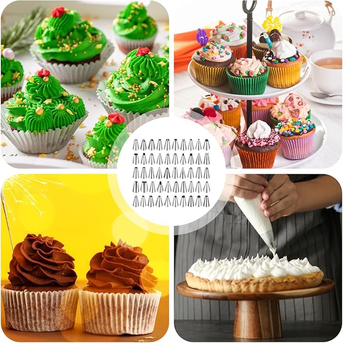 Oruola 50Pcs Cake Tips for Decorating, 48 Different Patterns Stainless Steel Cake Decorating Tips and 2 Reusable Plastic Coupler for Cake & Cupcake Cookies Decorating, Cake Piping Tips Set