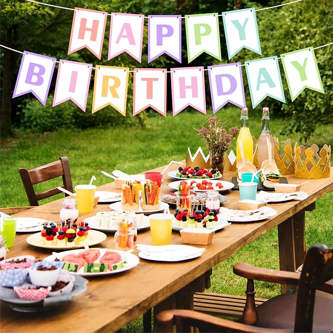 Happy Birthday Banner 8ft Pastel Macaron Party Decorations, Easy Assembly Birthday Sign Garland Kit for Women Girls Kids, Hanging Bunting Banner for Wall Door Celebration Decor