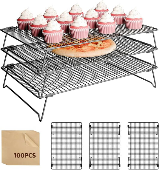 3 Layer Detachable Collapsible Cooling Racks, 17 * 11 Inch Cooling Wire Rack Stackable Drying Rack Cookie Rack Bread Cooling Rack