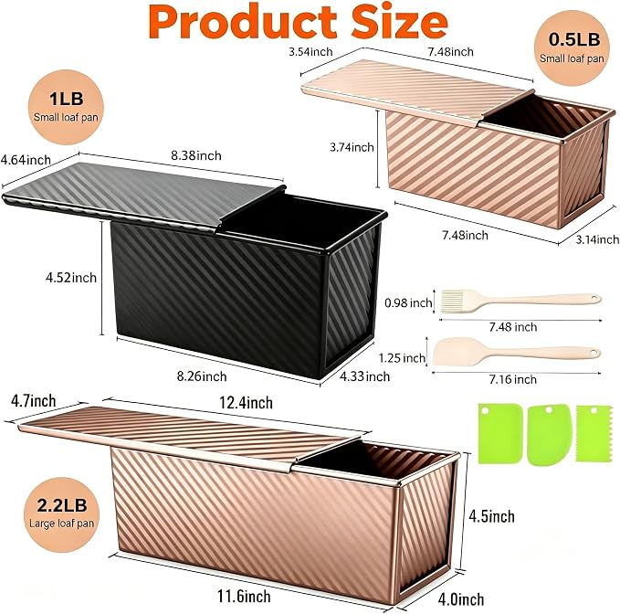 3 Pack Pullman Loaf Pans with Lids, 2.2LB & 1LB & 0.5LB Dough Capacity, Non-Stick Carbon Steel Sandwich Bread Loaf Pan for Homemade Baking Sourdough, Heavy Duty Corrugated Toast Mold, Black+Golden
