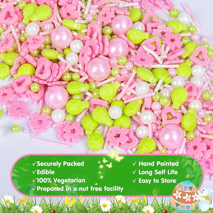 Edible Sprinkles for Cake Decorations,Pink White Pearls and Jimmies,Heart and Flowers,Bright Green Balloons Sprinkle Mix,Spring Candy Sprinkles for Easter Cakes,Cupcakes,Dessert Tables & Party Favors,Food Grade Sugar Decorating for Brunch,Wedding Birth...