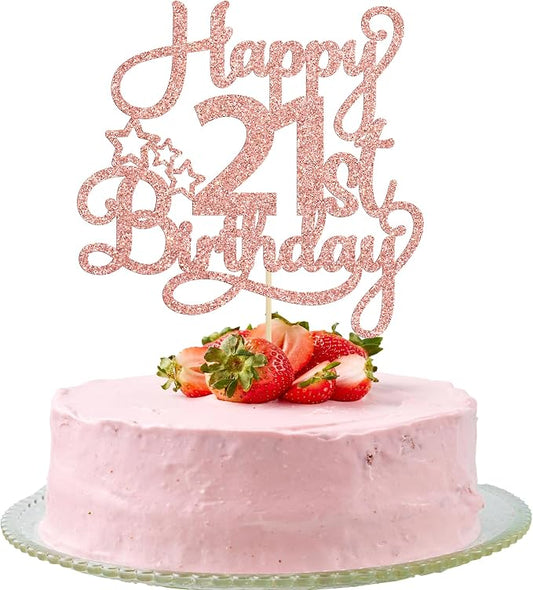 1 Pack Happy 21st Birthday Cake Topper - Rose Gold Glitter '21 & Fabulous' - Cheers to 21 Years Old Cake Pick for Celebrating Anniversary Party Decorations Supplies