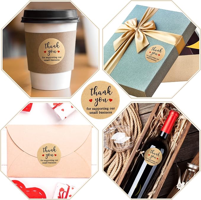 Outus 620 Pieces Thank You for Supporting My Small Business Cards and Stickers Set, Thank You Gold Foil Stickers with Resealable Packaging Bag for Business Owners Packaging Supplies (Kraft Paper)
