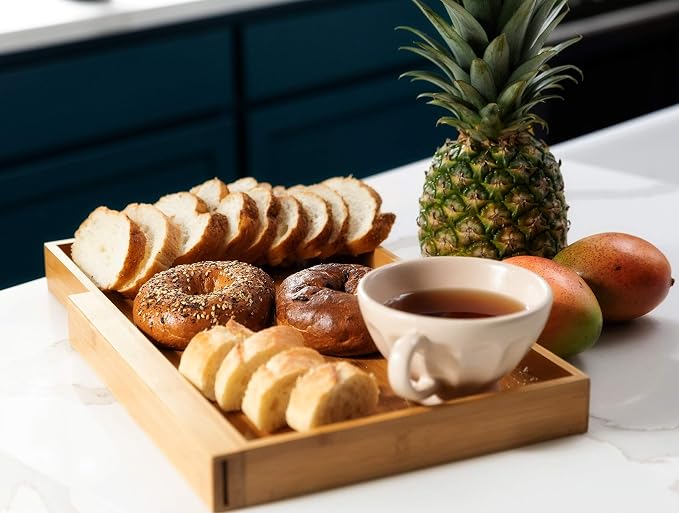 BAMBOO LAND- Large Bamboo Bread Cutting Board with Crumb Tray with Large Bread Knife, Bread Serving Tray for Kitchen