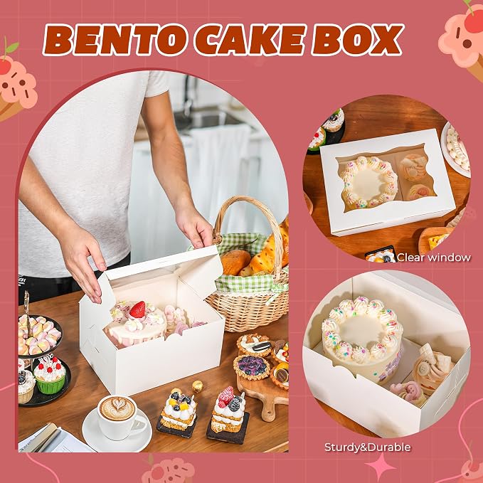 NPLUX 4 Packs 1+2 Bento Cake and Cupcake Box Bento Box with Clear Window Fit 2 Cupcakes and 1 Mini Cake for Packaging Gift Baked Goods