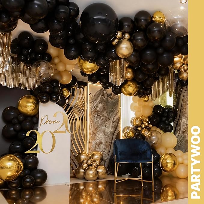 PartyWoo Gold and Black Balloons 100pcs 12 Inch Black and Gold Metallic Balloons for Birthday Wedding Anniversary Graduation Bachelorette Engagement Bridal Shower Retirement Party Decorations