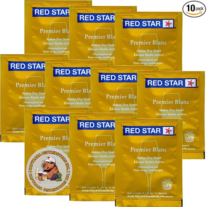 Red Star Premier Blanc Wine Yeast (10 Pack) - Great for Making Wine Cider Mead Kombucha at Home - 5 g Sachets - Saccharomyces cerevisiae - Sold by CAPYBARA Distributors Inc.