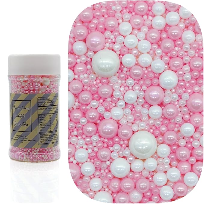 Dynastang Mixed Size Pink & White Pearls Sprinkles Edible Pearls Cake Decorations Cupcake Toppers Decorating Perfect for Cakes, Cupcakes, Desserts 3OZ