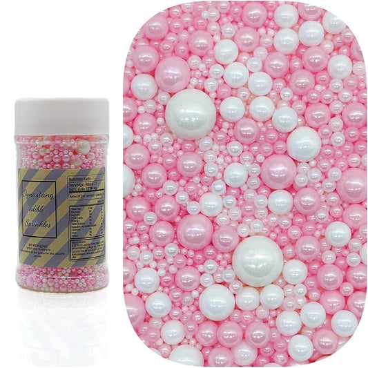 Dynastang Mixed Size Pink & White Pearls Sprinkles Edible Pearls Cake Decorations Cupcake Toppers Decorating Perfect for Cakes, Cupcakes, Desserts 3OZ