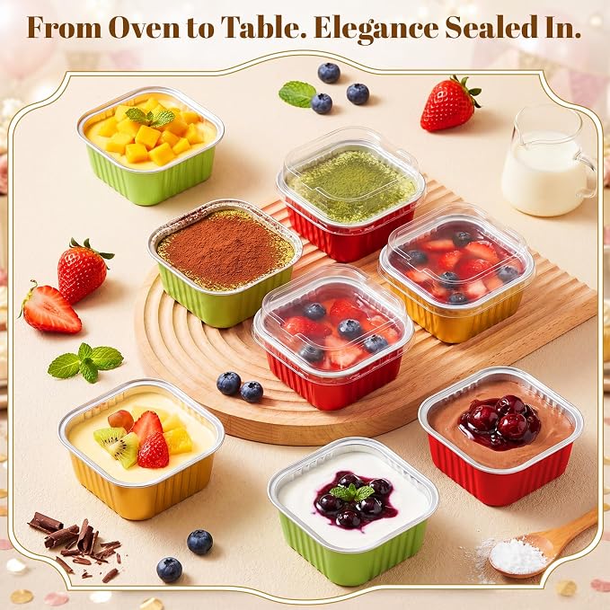 200 Pack Christmas Mini Cake Pans with Lid, 5 oz Red Green Gold Aluminum Foil Mini Baking Tins, Square Disposable Cupcake Baking Cup Dessert Container for Xmas Holiday Party Favor Supplies