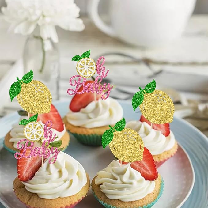 Rsstarxi 24 Pack Lemon Oh Baby Cupcake Toppers Lemonade Baby Shower Decorations Fruit Theme Lemonade Cupcake Picks for Lemon Birthday Party Cake Decorations Pink