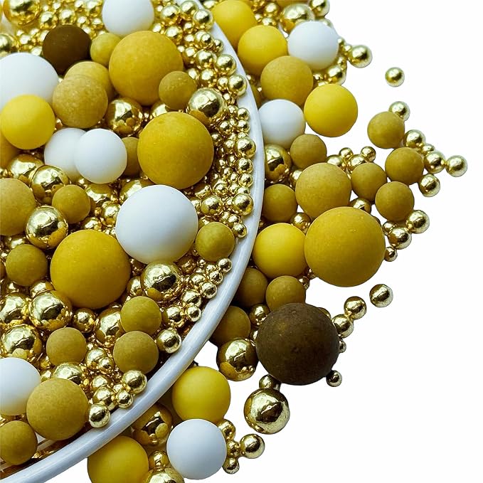 SE Si&Moos Gold Brown Yellow and White Sprinkles for Cake Decorating Yellow and Brown Edible Pearl Cake Decorations Gold Sprinkles for Cake, Cupcake, Baby Shower Birthday Party Holiday Christmas Supplies 3 OZ