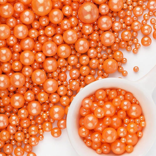 Orange Pearl Sprinkles for Cake Decorating, 6 Sizes Mix 4.6 oz Edible Pearl Dessert Sprinkles for Baking Cupcake Cookies Ice Cream