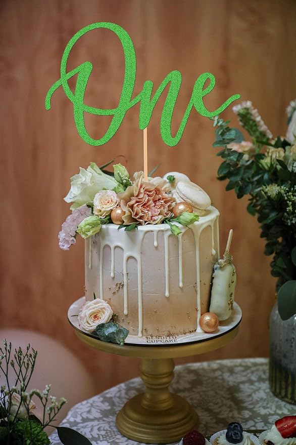 MYAMPED First Birthday Cake Topper - Glitter Green One Sign Cake Decorating Supplies for 1st Birthday, Baby Shower, Gender Reveal, Party or Photo Booth Props (Green)