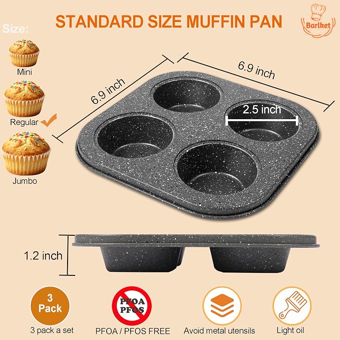 3-Pack 4-Cup Muffin Pan, Nonstick Granite Coating Carbon Steel Cupcake Pan Set, Standard Muffin Tin for Air Fryer Small Oven Baking, Easy Release, Nests Flat for Storage