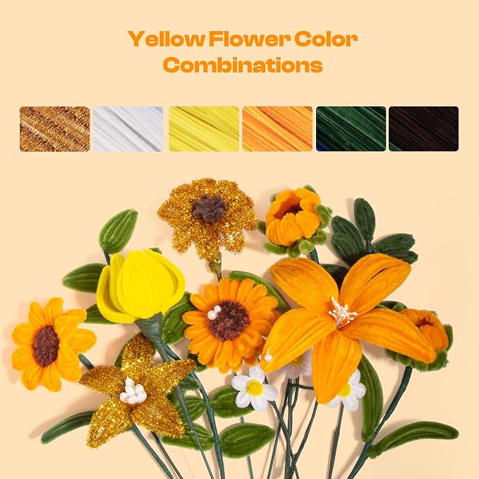 Caydo 700PCS Pipe Cleaners Flower Kit, Yellow Chenille Stems Bulk with Floral Wires, Ribbons, Tapes, Stamens, Glue Sticks for Making Craft Pipe Cleaner Bouquets