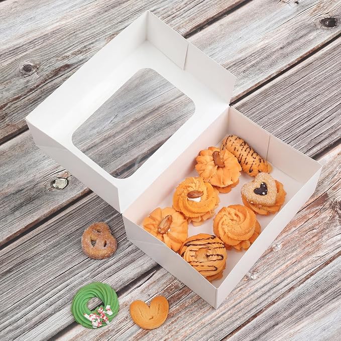 YEKTFS 24 Pack Cookie Boxes with Window, 9x6x3 Inch White Bakery Containers for Desserts, Candy, Muffins, Donuts, Chocolate Covered Strawberries & Gift Giving
